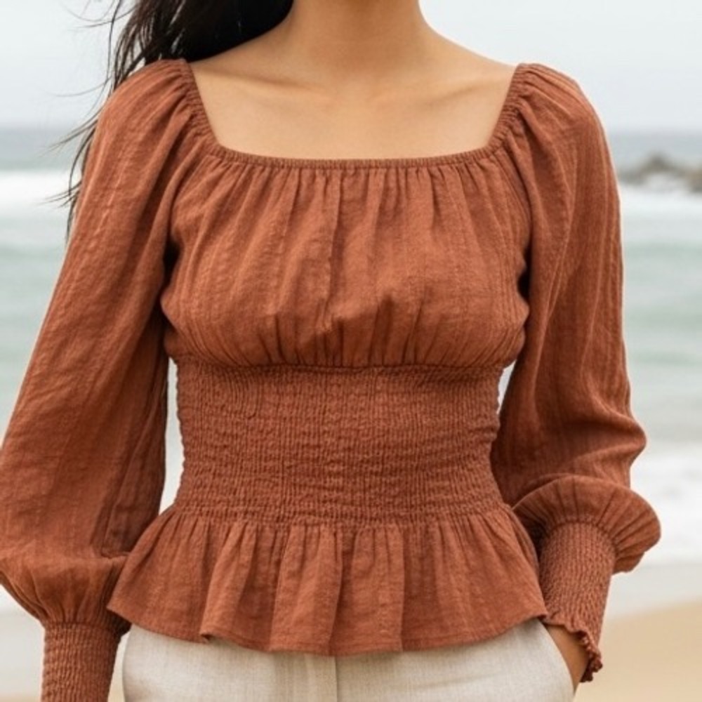 Urban Girl Rust Orange Smocked Peplum Blouse Square Neck Long Sleeve Small Boho